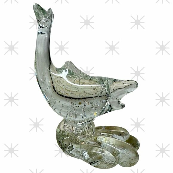 MURANO ART GLASS CLEAR SILVER FLECK 6 1/4 FISH ON WAVE SCULPTURE HAND MADE ITALY - Picture 2 of 8